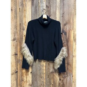 Caligraphie Cropped Turtleneck Sweater Womens L Faux Fur Sleeve Y2K Chic‎